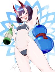 alcohol armpits blush breasts cameltoe drooling drunk fang fang_out fate_(series) gourd gris_swimsuit highres horns looking_at_viewer looking_down meme_attire midriff moonxel oni pale_skin purple_eyes purple_hair sake shuten_douji_(fate) simple_background skin-covered_horns small_breasts smile sweat swimsuit