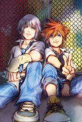 armband black_shirt blue_eyes blue_necktie blue_pants brown_hair chainsaw_man collared_shirt crew_neck cross cross_necklace elbow_on_knee fence green_eyes grey_hair hair_between_eyes jewelry kingdom_hearts knee_up mim_(mimya0600) necklace necktie open_collar pants plaid_clothes plaid_pants riku_(kingdom_hearts) shirt shoelaces shoes short_hair sitting sneakers sora_(kingdom_hearts) spiked_hair v white_shirt wing_collar