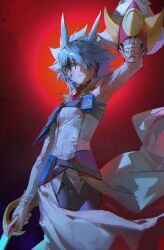 Rule 34 | 1boy, alien 888, antenna hair, arm up, armor, belt pouch, blood, blood from forehead, blood on face, blue armor, blue hair, blue pants, coat, facial mark, facing viewer, hair over one eye, half-closed eyes, headphones, helmet, highres, holding, holding detached head, holding skull, holding sword, holding weapon, looking at viewer, looking down, male focus, one eye covered, pants, pouch, red background, shirt, shoulder armor, skull, spiked hair, sword, untucked shirt, unworn headwear, unworn helmet, weapon, white coat, wind, yu-gi-oh!, yu-gi-oh! go rush!!, yudias velgear