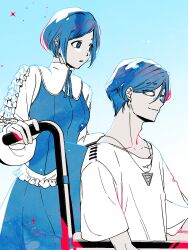 1boy 1girl b1ue_e4rth blue_background blue_eyes blue_hair blue_theme closed_mouth commentary_request frilled_shirt frilled_sleeves frills fukurai_azami highres long_sleeves looking_at_another meguriya_ayumu open_mouth pushing_wheelchair shirt short_hair sitting smile standing toshi_densetsu_kaitai_center triangle_necklace wheelchair white_shirt