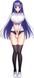 1girl absurdres black_hairband blue_buruma blue_eyes blue_hair blunt_bangs blush breasts breasts_squeezed_together buruma cat_hair_ornament cleavage closed_mouth derauea full_body game_cg gym_shirt gym_uniform hair_ornament hairband hands_on_lap highres hime_cut huge_breasts long_hair looking_at_viewer milk_factory motto!_haramase!_honoo_no_oppai_chou_ero_appli_gakuen! navel non-web_source own_hands_together saionji_nanako shiny_skin shirt shoes sidelocks smile sneakers solo sprite tachi-e thighhighs transparent_background