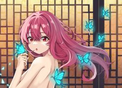 1girl :o breasts bug butterfly character_request hair_between_eyes highres insect long_hair looking_at_viewer multicolored_hair nude open_mouth pink_hair ray_(rays_26) red_eyes red_hair sdorica small_breasts solo topless_female