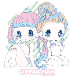 Rule 34 | 2girls, blonde hair, blue hair, bow, breasts, colored skin, deformed, eyelashes, eyeshadow, green eyeshadow, hair bow, hairline, heart, heart in eye, makeup, multicolored eyes, multiple girls, nipples, original, pink eyeshadow, pink hair, sekiya yurie, small breasts, sparkling eyes, symbol in eye, white skin