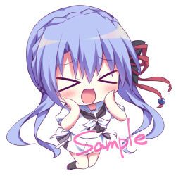&gt;_&lt; 1girl :d ascot black_ascot black_bow black_socks blue_hair blush bow braid chibi chibi_only commentary_request crown_braid excited fang furrowed_brow hair_between_eyes hair_bow hair_ribbon hands_on_own_cheeks hands_on_own_face hands_up happy kneehighs kneeling korokoro_cat long_hair miniskirt open_mouth puffy_short_sleeves puffy_sleeves red_ribbon ribbon sailor_collar sample_watermark school_uniform serafuku shirt short_sleeves sidelocks simple_background skin_fang skirt smile socks solo sorakado_ao summer_pockets summer_pockets_school_uniform very_long_hair watermark white_background white_ribbon white_sailor_collar white_serafuku white_shirt white_skirt