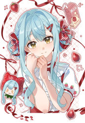 1girl absurdres bad_source bang_dream! bang_dream!_it&#039;s_mygo!!!!! blue_hair bow braid chuanse_sensen closed_mouth double_bun english_text food food_print frills fruit fruit_print hair_bow hair_bun hair_ornament hairclip heart highres incredibly_absurdres long_hair looking_at_viewer milk_carton musical_note plaid_bow puffy_short_sleeves puffy_sleeves red_bow ribbon shirt short_sleeves sidelocks smile solo strawberry strawberry_print sweets_paradise togawa_sakiko togawa_sakiko_(sweets_paradise) upper_body white_shirt yellow_eyes