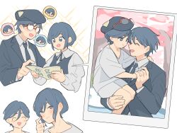 2boys 2girls :d aged_down blue_eyes blue_hair brother_and_sister closed_eyes collared_shirt commentary_request finger_to_cheek frilled_shirt frilled_sleeves frills fukurai_azami highres kisaragi_ayumi kisaragi_tsutomu long_sleeves meguriya_ayumu multiple_boys multiple_girls open_mouth photo_(object) photo_album shirt short_hair siblings smile spoilers spoken_character toshi_densetsu_kaitai_center upper_body white_shirt xinhao