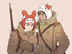 2boys backpack bag black_eyes black_hair character_hood coat dark-skinned_male dark_skin facial_hair golden_kamuy gun hello_kitty hello_kitty_(character) hisohisohiso~tsu hood koito_otonoshin mittens multiple_boys my_melody onegai_my_melody outdoors rifle sanrio standing stubble thick_eyebrows tsukishima_hajime weapon