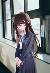 1girl absurdres black_jacket black_skirt blazer blue_ribbon brown_hair collared_shirt glasses hair_ornament hairclip highres honkai:_star_rail honkai_(series) jacket long_hair looking_at_viewer neck_ribbon open_clothes open_jacket pink_eyes ribbon school_uniform senbonsang shirt skirt smile solo sparkle_(honkai:_star_rail) sparkle_(school_uniform)_(honkai:_star_rail) straight_hair twintails white_shirt