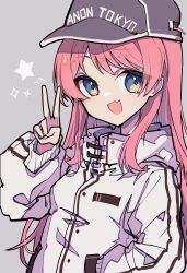 1girl absurdres bang_dream! bang_dream!_it&#039;s_mygo!!!!! baseball_cap blue_eyes blush chihaya_anon chinese_commentary commentary_request fang grey_background grey_hat hand_in_pocket hat highres jacket long_hair long_sleeves looking_at_viewer open_mouth pink_hair simple_background skin_fang smile solo underwear very_long_hair white_jacket zhong_xiansheng
