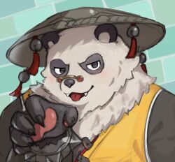 1boy absurdres animal_ears bell black_fur bracelet chinese_clothes claw_pose claws commentary_request fangs furry furry_male highres jewelry jingle_bell korean_commentary looking_at_viewer male_focus miro_(205nin) multicolored_fur open_mouth pan_yinhu panda_boy panda_ears pawpads round_eyewear shirt smile spiked_bracelet spikes tongue tongue_out white_fur wok yellow_shirt zenless_zone_zero