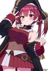 1girl ascot black_choker black_coat black_hat blush breasts choker closed_mouth coat cropped_jacket frilled_choker frills hair_ribbon hat highres hololive houshou_marine houshou_marine_(1st_costume) jacket kaie large_breasts leotard leotard_under_clothes long_hair looking_at_viewer pirate_hat red_ascot red_eyes red_hair red_jacket red_ribbon red_skirt ribbon skirt sleeveless sleeveless_jacket smile solo twintails virtual_youtuber yellow_eyes