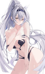 1girl absurdres bikini black_bikini blue_hairband breasts cleavage collarbone commentary commission cowboy_shot grabbing_own_breast hair_between_eyes hairband highres holding holding_swimsuit holding_unworn_clothes kooemong large_breasts long_hair looking_at_viewer multi-strapped_bikini_bottom navel original ponytail sidelocks simple_background solo stomach string_bikini swimsuit topless_female unworn_bikini_top unworn_swimsuit white_background yellow_eyes