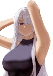 1girl ak-15_(girls&#039;_frontline) armpits arms_up bodysuit breasts chika_232 closed_mouth girls&#039;_frontline grey_hair hair_over_one_eye highres long_hair looking_at_viewer presenting_armpit purple_eyes simple_background solo white_background