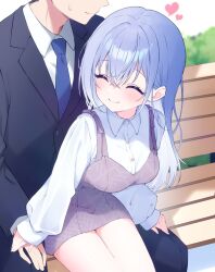 1boy 1girl ^_^ bare_legs black_suit blue_necktie blush breasts closed_eyes dress eyes_out_of_frame formal_clothes head_out_of_frame heart hetero highres idolmaster idolmaster_shiny_colors long_hair long_sleeves medium_breasts necktie on_bench outdoors producer_(idolmaster) purple_dress shirasato_(phzm8733) shirt sitting sitting_on_person smile straight_hair suit suzuki_hana thighs white_shirt