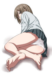 1girl absurdres ass barefoot brown_eyes brown_hair feet highres lying on_side original panties solo tuskryo underwear white_background white_panties