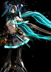 1girl 3d android aqua_eyes aqua_hair belt bow calne_ca_(deino) censored convenient_censoring cosplay crustacean deino_(deino3330) female_focus hair_bow hatsune_miku hatsune_miku_(cosplay) heterochromia highres isopod joints long_hair mechanical nato-kun necktie original red_eyes ribbon robot_joints skirt solo topless_female twintails very_long_hair vocaloid