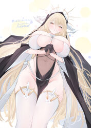 1girl absurdres azur_lane bare_shoulders between_breasts black_gloves blonde_hair breast_cutout breasts covered_navel dress fake_horns feet_out_of_frame from_below gloves hair_between_eyes half_gloves highres horns huge_breasts implacable_(azur_lane) livetarica long_hair long_hair_between_eyes looking_at_viewer nun own_hands_together palms_together pelvic_curtain praying red_eyes revealing_clothes simple_background skindentation solo thighhighs two-tone_dress veil very_long_hair white_background white_horns white_thighhighs