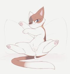Rule 34 | 1girl, :3, aftersex, animal collar, animal focus, animal sexualization, anus, blue eyes, cat, cleft of venus, closed mouth, collar, cum, cum in pussy, cumdrip, fang, female focus, from above, full body, grey background, half-closed eye, happy, kekitopu, looking at viewer, lying, minecraft youtube, no humans, on back, pawpads, pillow, pussy, raised eyebrows, skin fang, smile, solo, spread legs, ulla britta, uncensored, wide spread legs