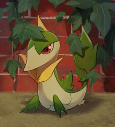 Rule 34 | brick wall, commentary request, gen 5 pokemon, highres, ivy, leaf, nihine (u-u115), nintendo, no humans, outdoors, pokemon, pokemon (creature), pokemon focus, red eyes, servine, sitting, solo