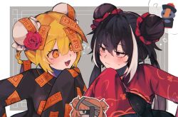 3girls :3 :d black_hair blonde_hair blush bun_cover chibi chibi_inset don_quixote_(project_moon) double_bun e.g.o_(project_moon) eye_contact hair_between_eyes hair_bun highres hundred-footed_death_maggot_(e.g.o) ishmael_(project_moon) jia_xichun_(project_moon) jiangshi limbus_company long_hair looking_at_another multicolored_hair multiple_girls open_mouth orange_eyes oshikyomokawaii project_moon red_sheet_(e.g.o) short_hair slit_pupils smile speech_bubble streaked_hair sweatdrop talisman thinking thought_bubble twintails