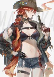 1girl absurdres aji_11300913 alternate_costume black_bra black_gloves black_jacket black_shirt blonde_streaks blowing blue_shorts bra braid braided_ponytail breasts character_name cleavage clothes_pull collarbone colored_eyelashes cowboy_hat cowboy_shot cowgirl_(western) denim denim_shorts earrings english_text genshin_impact gloves gold_collar gun hair_ornament hand_on_own_hip handgun hat hat_sticker highres holding holding_gun holding_weapon jacket jacket_pull jewelry leg_tattoo lips long_hair looking_to_the_side mavuika_(genshin_impact) medium_breasts navel o-ring open_clothes open_jacket open_mouth orange_eyes profile red-tinted_eyewear red_hair red_nails revolver ring shirt short_shorts shorts signature single_glove skindentation smoke solo sparkle stomach sunglasses tattoo thigh_strap tinted_eyewear underwear unworn_eyewear very_long_hair weapon white_background