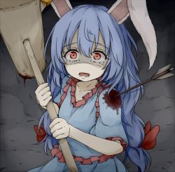 1girl animal_ears arrow_(projectile) arrow_in_body blood blood_stain blue_dress blue_hair commentary_request dress dripping earclip female_focus holding holding_mallet injury kine long_hair looking_at_viewer looking_up low-tied_long_hair mallet neko_mata open_mouth rabbit_ears red_eyes scared seiran_(touhou) shaded_face short_sleeves solo tears touhou wide-eyed