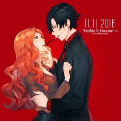 1boy 1girl black_hair black_jacket breasts cleavage couple eyelashes food green_eyes han_jumin hand_on_another&#039;s_chin hetero highres jacket long_hair long_sleeves necktie persona92 pocky pocky_day pocky_kiss protagonist_(susanghan_messenger) red_background red_hair red_necktie shared_food short_hair susanghan_messenger wavy_mouth