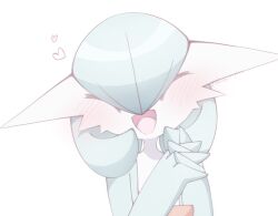 Rule 34 | blush, bob cut, closed eyes, colored skin, gardevoir, gen 3 pokemon, green hair, green skin, heart, multicolored skin, narumiya pkmn, nintendo, open mouth, pokemon, pokemon (creature), simple background, smile, two-tone skin, white background, white skin