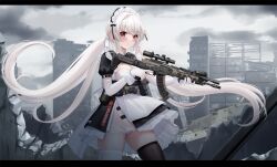 1girl akm allenes assault_rifle asymmetrical_legwear black_dress black_thighhighs blush breasts cleavage closed_mouth cloud cloudy_sky commentary_request dress elbow_gloves gloves gun holding holding_gun holding_weapon kalashnikov_rifle letterboxed long_hair looking_at_viewer low_twintails maid medium_breasts mismatched_legwear original outdoors panties puffy_short_sleeves puffy_sleeves rail_(weapon) red_eyes rifle ruins scope see-through_clothes short_sleeves skindentation sky solo thighhighs twintails underwear very_long_hair weapon weapon_request white_hair white_panties white_thighhighs