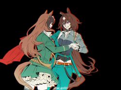 Rule 34 | 2girls, animal ears, bae apo666, belt, black background, black gloves, breasts, brown hair, closed mouth, clothing cutout, collared shirt, dancing, drop shadow, fingerless gloves, flat chest, gloves, green jacket, green pants, green skirt, grey shirt, holding hands, horse ears, horse girl, horse tail, jacket, long hair, long sleeves, looking at another, making-of available, miniskirt, multiple girls, open mouth, pants, pendant choker, red eyes, shirt, side cape, simple background, sirius symboli (umamusume), skirt, small breasts, smile, symboli rudolf (umamusume), tail, tail through clothes, thighhighs, twitter username, umamusume, watermark, white gloves