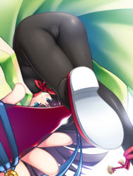 1girl 7th_dragon 7th_dragon_(series) anklet ass blue_eyes bodysuit cameltoe female_focus ikujitto jewelry katana latex long_hair purple_hair ran_(7th_dragon) samurai_(7th_dragon) skin_tight solo sword upside-down weapon
