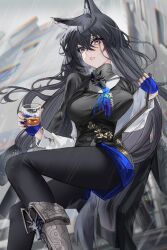 Rule 34 | 1girl, absurdres, alcohol, animal ears, arknights, black hair, black jacket, black nails, black pantyhose, black vest, blue gloves, blue necktie, blue shorts, blush, breasts, chromatic aberration, cup, feet out of frame, fingerless gloves, gloves, gradient eyes, highres, holding, holding cup, jacket, long hair, long sleeves, looking at viewer, mo awanai, multicolored eyes, necktie, pantyhose, pantyhose under shorts, parted lips, shirt, shorts, solo, texas (arknights), texas the omertosa (arknights), vest, white shirt, wolf ears