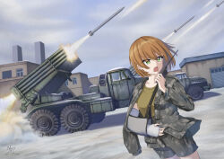 1girl arm_out_of_sleeve arm_sling artillery bm-21 breasts brown_hair building camouflage camouflage_jacket camouflage_shorts day dutch_angle explosive green_eyes grey_sky hair_between_eyes holding holding_walkie-talkie jacket kaungmyat_naing long_sleeves looking_to_the_side medium_breasts military military_truck military_uniform military_vehicle motor_vehicle open_mouth original outdoors rocket_launcher shirt shorts sky sleeve smoke solo t-shirt talking truck walkie-talkie war weapon yellow_shirt