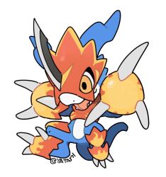 blue_horns blue_skin chibi claws colored_skin digimon digimon_(creature) fangs fladramon flame_print horns multicolored_skin no_humans open_mouth simple_background solo twitter_username two-tone_skin white_background white_skin yata571 yellow_eyes