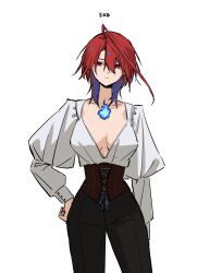 1girl ahoge blue_fire blue_hair breasts cleavage colored_inner_hair elizabeth_rose_bloodflame fire highres hololive hololive_english looking_at_viewer multicolored_hair pants red_eyes red_hair shirt short_hair solo virtual_youtuber white_background white_shirt yuutomeh