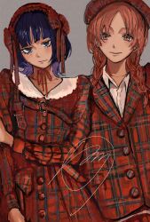 Rule 34 | 2girls, adversarial noise, ahhirumarull2, blunt bangs, braid, brown eyes, brown hair, closed mouth, coat, collared shirt, commentary, contrast collar, dress shirt, fujii ayame, futsuu no keion-bu, grey background, hat, highres, long sleeves, mole, mole under eye, multiple girls, parted bangs, plaid clothes, plaid coat, plaid hat, plaid headdress, purple eyes, purple hair, red coat, red hat, red headdress, shirt, signature, smile, twin braids, twintails, uchida momo, white shirt, wolf cut