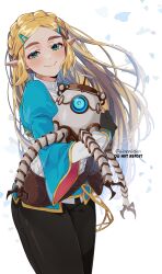 1girl absurdres blonde_hair blush braid carrying crown_braid english_text fingerless_gloves gloves green_eyes hair_ornament hairclip hanaberin highres hyrule_warriors hyrule_warriors:_age_of_calamity juliet_sleeves long_hair long_sleeves looking_at_viewer nintendo parted_bangs pointy_ears princess_zelda puffy_sleeves robot sheikah sidelocks smile terrako the_legend_of_zelda the_legend_of_zelda:_breath_of_the_wild thick_eyebrows very_long_hair