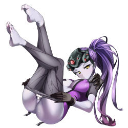 1girl ass bad_id bad_pixiv_id barefoot black_gloves breasts breasts_apart center_opening colored_skin covered_erect_nipples earrings feet female_focus full_body garter_straps gero-gh gloves head-mounted_display jewelry leggings leggings_pull legs_up long_hair looking_at_viewer lying medium_breasts on_back overwatch overwatch_1 ponytail purple_hair purple_skin pussy solo uncensored undressing upset white_background widowmaker_(overwatch) yellow_eyes