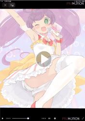 1girl :d ahoge arm_up armpits bad_id bad_twitter_id bow bubble chest_bow commentary detached_collar detached_sleeves dress fake_phone_screenshot fake_screenshot frilled_dress frilled_thighhighs frills from_below green_eyes highres holding holding_microphone hyakumangoku_masurao idol_clothes leg_up long_hair looking_at_viewer manaka_laala microphone no_pupils one_eye_closed open_mouth panties pantyshot pretty_series print_panties pripara puffy_detached_sleeves puffy_sleeves purple_hair red_bow shorts shorts_under_dress sleeveless sleeveless_dress smile solo sparkle star_(symbol) star_panties star_print thighhighs thighs treble_clef twintails underwear upskirt very_long_hair white_panties white_shorts white_thighhighs wrist_bow