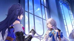 2girls absurdres ahoge arm_guards astral_express_(honkai:_star_rail) bad_link bare_shoulders belt black_gloves black_leotard blue_sky bronya_rand brown_belt detached_sleeves dress earrings fingerless_gloves game_cg globe gloves grey_eyes grey_hair highres honkai:_star_rail honkai_(series) indoors jewelry leotard long_hair long_sleeves looking_outside looking_up medal multiple_girls official_art open_mouth parted_lips pointing pointing_up puffy_long_sleeves puffy_sleeves purple_dress purple_hair purple_scarf scarf seele_(honkai:_star_rail) sky white_dress window