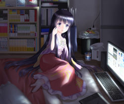 1girl barefoot black_hair blush book bookshelf bow comic dark desktop_(computing) drawing_tablet female_focus food futon hadi highres hime_cut houraisan_kaguya indoors long_hair long_skirt long_sleeves manga_(object) neet nissin_cup_noodle noodles open_mouth painttool_sai pillow ramen ribbon sitting skirt solo speaker touhou trash trash_can very_long_hair wide_sleeves yellow_eyes