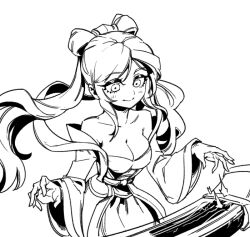 1girl bare_shoulders blush breasts cleavage collarbone commentary cowboy_shot detached_sleeves double_bun dress greyscale hair_bun instrument league_of_legends long_hair long_sleeves medium_breasts monochrome phantom_ix_row piano simple_background smile solo sona_(league_of_legends) symbol-only_commentary white_background