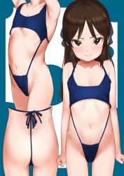 1girl 3: armpits arms_at_sides arms_up ass brown_eyes brown_hair cowboy_shot flat_chest glaring idolmaster idolmaster_cinderella_girls loli long_hair looking_at_viewer multiple_views navel one-piece_swimsuit pettan_p sidelocks simple_background swimsuit tachibana_arisu thong