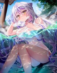 1girl bathing blue_sky blush breasts bubble closed_mouth cloud commentary_request commission day feet_out_of_frame hair_between_eyes highres kohaku_yuri large_breasts long_hair looking_at_viewer multicolored_hair naked_towel nanashi_inc. onsen outdoors partially_submerged purple_hair shiori_(gotoo0226) sitting skeb_commission sky solo streaked_hair towel tree two-tone_hair very_long_hair virtual_youtuber water white_hair yellow_eyes