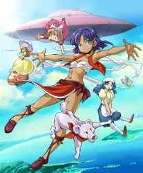 1990s_(style) 1boy 5girls bandeau blue_eyes blue_hair brown_hair dark-skinned_female dark_skin dress electra_(nadia) fushigi_no_umi_no_nadia grandis_granva ikolina_(nadia) jean_roque_lartigue jean_roque_raltique king_(nadia) kubocha long_hair looking_at_viewer marie_en_carlsberg multiple_girls nadia_la_arwall navel outstretched_arms parasol pelvic_curtain purple_hair retro_artstyle short_hair smile strapless tube_top ufo umbrella v_arms
