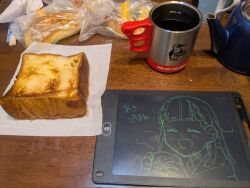 Rule 34 | 1girl, :d, ^ ^, blush, braid, bread, bread slice, center-flap bangs, closed eyes, coffee mug, commentary request, cup, food, highres, holding, holding cup, kachimachi kosuzu, link! like! love live!, love live!, massigura, mug, open mouth, photo (medium), side braids, smile, tablet pc, toast, virtual youtuber