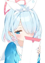 1girl arona_(blue_archive) blue_archive blue_eyes blue_hair blue_shirt blush bow_hairband envelope hair_over_one_eye hairband halo heart heart_halo highres holding holding_envelope kani_biimu light_blue_hair long_sleeves pink_hair pink_halo sailor_collar shirt simple_background solo upper_body webp-to-png_conversion white_background white_hairband white_sailor_collar