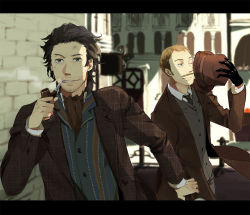 Rule 34 | 2boys, animification, bad id, bad pixiv id, black hair, blonde hair, facial hair, gloves, hat, holding another&#039;s wrist, john hamish watson, jude law, letterboxed, multiple boys, mustache, robert downey jr., sen nai, sherlock holmes, sherlock holmes (movie), smoking pipe, the adventures of sherlock holmes, top hat, victorian