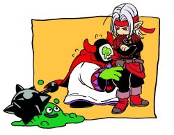 Rule 34 | 1boy, 1other, bandana, black pants, black shirt, boots, border, bubble slime, cape, colored skin, creature, crossed arms, crying, cyclops, dragon quest, dragon quest monsters 3, flying sweatdrops, green eyes, green skin, hdw91v, holding, holding mace, holding weapon, horns, jacket, long hair, looking at another, looking down, mace, mask, monster, one-eyed, open mouth, pants, parted hair, pisaro, pointy ears, red bandana, red boots, red cape, red eyes, red horns, red jacket, red sash, robe, sash, scared, shirt, short-sleeved jacket, short sleeves, smile, spiked mace, spikes, weapon, white border, white hair, white robe, wrecktor, yellow background