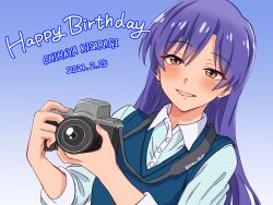 1girl birthday blue_background blue_hair blue_sweater blush brown_eyes camera character_name collared_shirt commentary_request dated english_text gradient_background half-closed_eyes happy_birthday highres holding holding_camera idolmaster idolmaster_(classic) kisaragi_chihaya long_hair long_sleeves munbato_(watari_megumi) open_mouth shirt smile solo sweater twitter_username upper_body